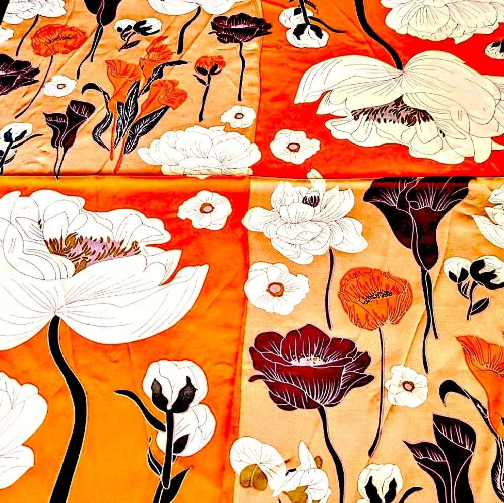 🧡 Floral Colorblocked Silky Scarf Square- Orange, Purple, Cream And Green - Picture 2 of 7